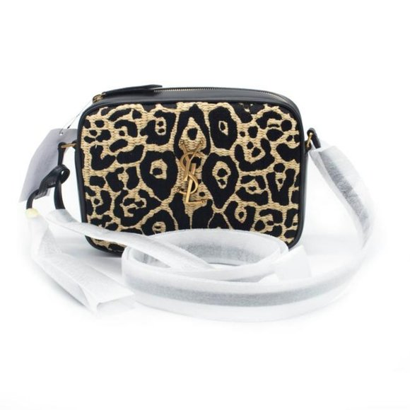 YSL Monogram Camera Lou Medium Jaguar Pattern Raffia Black Leather Shoulder Bag - Picture 2 of 12